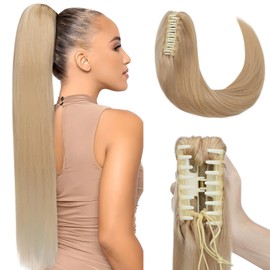 Elailite Real Hair Ponytail Extensions with Clip Hair Extensions Ponytail Braid Remy Straight Human Hair #24 Natural Blonde 45 cm