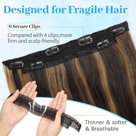 KooKaStyle Invisible Wire Hair Extensions Long Straight Layered Synthetic with Transparent Wire Adjustable Size 6 Secure Clips Hairpieces for Women 20 Inch (20 Inch, Balayage Dark Brown to Chestnut)