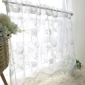 pureaqu Stylish Floral Print White Cafe Curtain, Short Small Window, Lace Curtain, Partition, Kitchen, Partition, Half Window Curtain, Bathroom, Washroom, Living Room, Coffee Shop, 1 Piece, Width 78.7 x Length 19.7 inches (200 cm) x Length 19.7 inches (5