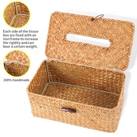 Rattan Woven Tissue Box Cover, Vintage Wicker Rectangular Tissue Holder, Decorative Seagrass Napkin Holder Pumping Paper Case Dispenser Facial Tissue Box for Bathroom, Bedroom, Shelves, Living Room