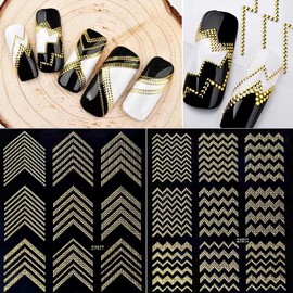 SILPECWEE 8 Sheets French Nail Art Stickers, 3D French Tip Nail Stickers Decals - Metallic Lines, Gold, Irregular Nails Design, Self-Adhesive Sticker for Nails 3D Nail Decoration for Women