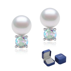 BAMIKI 925 Sterling Silver Pearl Earrings for Women, 5MM Aurora Borealis Cubic Zirconia with 8-8.5MM Freshwater Cultured Pearls Wedding Bridal Jewelry, Gifts for Mom Wife Hypoallergenic
