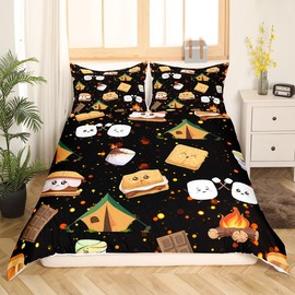Cute Marshmallow Bedding Set Queen Size Kids Cute S'Mores Cookie Comforter Cover Set for Boys Teens Happy Camping Duvet Cover Breathable Outdoor Adventure Bedspread Cover Room Decor Quilt Cover