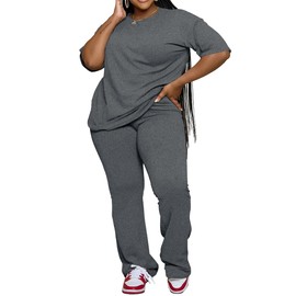 PINSV Womens Plus Size Sets 2 Piece Outfits Casual Short Sleeve Top and Flare Pants Tracksuit Blue Grey 5XL