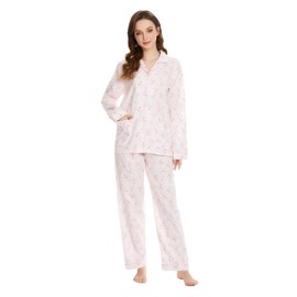 GLOBAL Women's 100% Cotton Pajama Set|Long-Sleeved with Pants PJs |Button Down Front Top&Drawstring Waist Bottom Nightwear