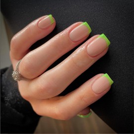 30 PCS Neon Green French Tip Press On Nails Short Square Fake Nails French Nails Press ons Square Acrylic Nails Glue on Nails Natural Short Square Nails False Nails for Women in 15 Sizes