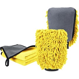 DASKING Kit Limpieza Coche, Guante y Toallas de Microfibra Premium de Lavado Coche, 2PCS Toallas (30 * 40cm) y 1PC Guante para la Limpieza de vehículo