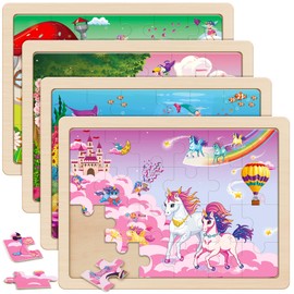 SYNARRY Large Unicorn Mermaid Princess Fairy Wooden Kids Puzzles 4 in 1 Gift Box(12.2 * 9.4 in) - FSC Certified, Wood Puzzles for Kids Ages 4-6, Toys Gifts for 3 4 5 Year Old Toddlers Girls