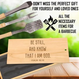 Psalm 46:10 Be Still BBQ Tool Set: Simple Script Engraving on Stainless Steel Grill Set, Ideal for Quiet Reflection, Beautiful Box for Knowing God's Presence