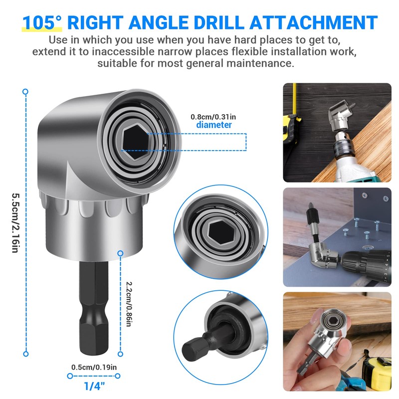 Flexible Drill Bit Extension Set 19pcs, Hex Shank 105°Right Angle