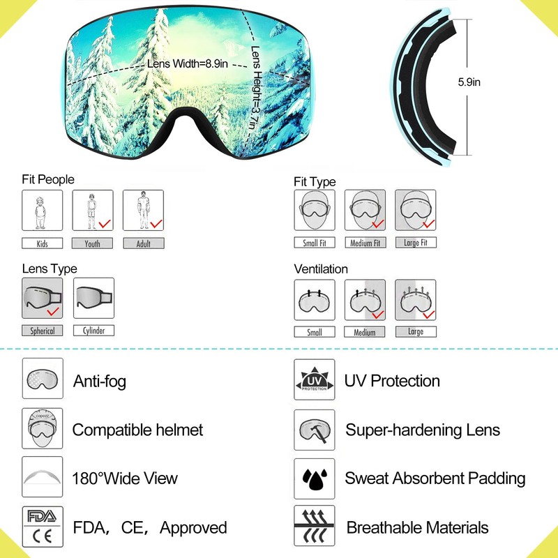DIZOKIZO Ski Goggles Magnetic Replaceable Lens Snow Goggles for Men