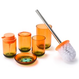 Locco Decor Bathroom Vanity Accessories Set 5 Pieces Duo Color- Soap Dispenser Toothbrush Holder Soap Holder Tumbler Cup Toilet Brush Orange