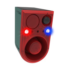 Solar Motion Sensor Alarm Outdoor - Support Recording&±Volume, Ultrasonic and Barking Dog&Gunshot Sound Sound, 129db*2 Loud Speakers, Motion Detector Alarm Strobe Light with USB and Remote Controller