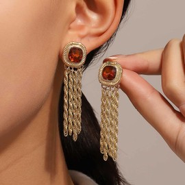 TseenYi Long Chain Tassel Earrings Red Gemstone Earrings Gold Tassel Drop Long Earrings Chandelier Earrings Jewelry for Women and Girls Gifts