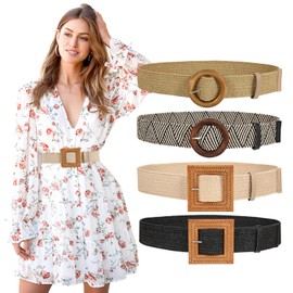 JASGOOD 4 Pack Women Skinny Elastic Dress Belt, Straw Woven Stretchy Waistband Fashion Wooden Style Buckle,Black+Beige+Stripe+Khaki