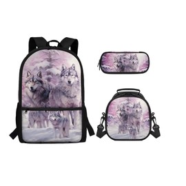 Xsehusvy Wolf Cute Backpack Set for Kids Portable School Bookbag Set with Insulated Lunch Box & Large Capacity Pencil Case Waterproof Adjustable Backpack for Age 8-16 Easy to Carry