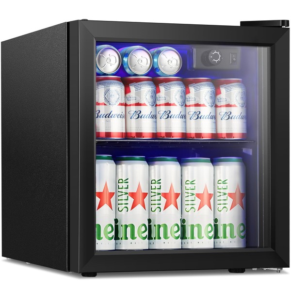 Antarctic Star Mini Fridge Cooler - 48 Can Beverage Refrigerator Black Glass Door for Beer Soda or Wine –Small Drink Dispenser Machine Knob Control Removable for Home, Office or Bar, 1.3cu.ft