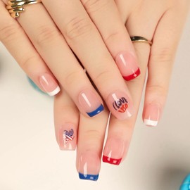 Independence Day Press on Nails 4th of July Fake Nails Short Square Red White Blue French Tip False Nails Glue on Nails with Love USA Glossy Artificial Nails for Women and Girl Design 24 Pcs