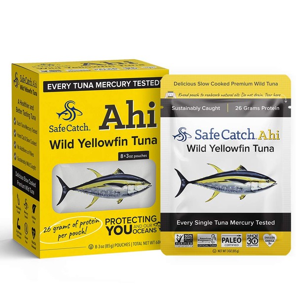 Safe Catch Ahi Wild Yellowfin Tuna Fish Pouch, Lowest Mercury, Every Fish is Tested, Gluten-Free, Paleo, Keto, Whole30 Approved, High-Protein Food, 3oz Pouches, 8 Count Pack