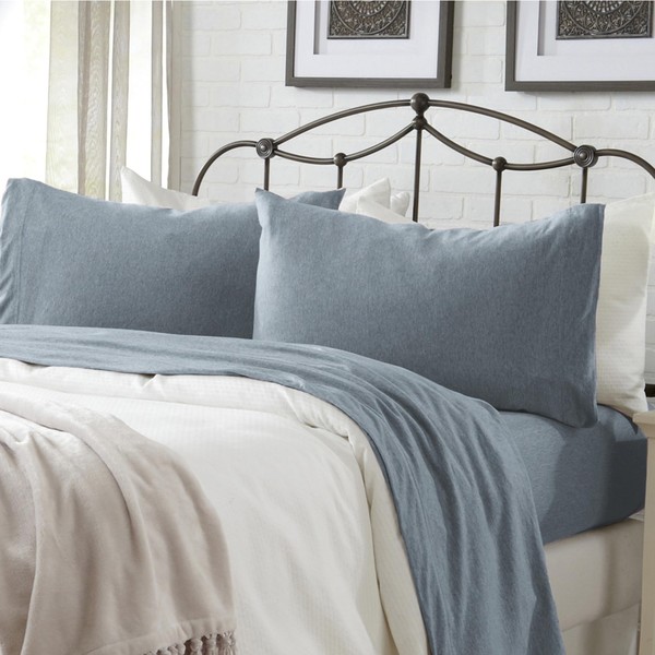 3 Piece Jersey Knit Twin Cotton Blend Blue Sheet Set