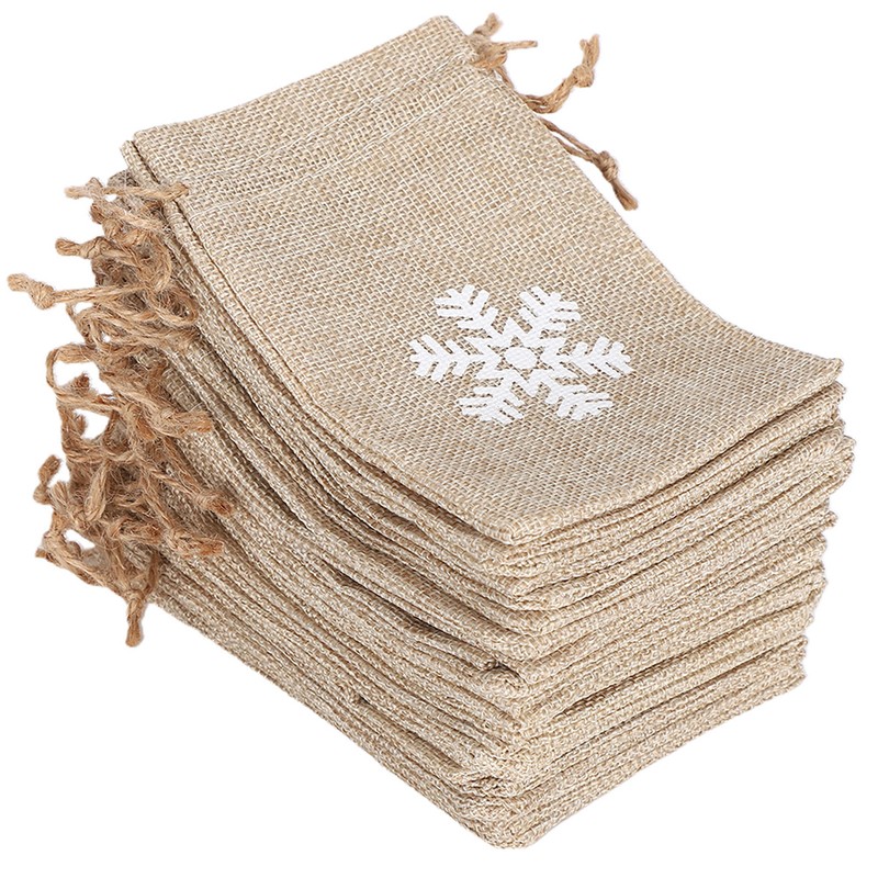 25Pcs Drawstring Bag Like Linen Snow Pattern Gift Bag Christmas