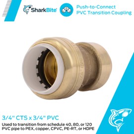 SharkBite 3/4 Inch CTS x 3/4 Inch PVC Transition Coupling, Push to Connect Brass Plumbing Fitting, PEX Pipe, Copper, CPVC, PE-RT, HDPE, UIP4016A