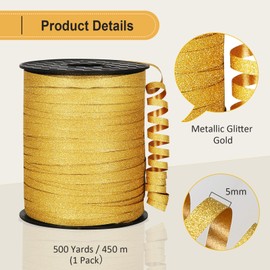 OMISELIO 500 Yards Gold Ribbon Curling Glitter, Balloon String, Shiny Metallic Curly Roll for Gift Wrapping Ribbon for Christmas, New Years, Graduations, Birthday Decoration, 3/16"