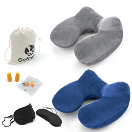 Gofodsil Inflatable Neck Pillow for Aeroplane, Camping, Trains and Cars with Blindfold Earplugs, Portable Travel Pillow, Neck Pillow, Aeroplane Inflatable Neck Pillow, Set of 2