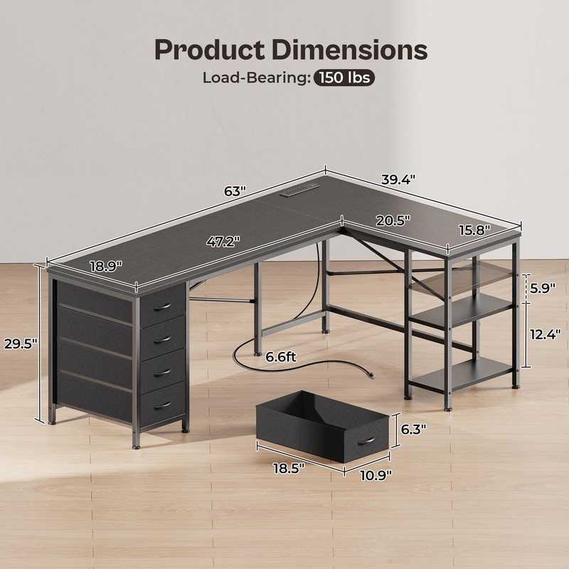 Huuger 63 Inch L Shaped Desk with Fabric Drawers, Reversible