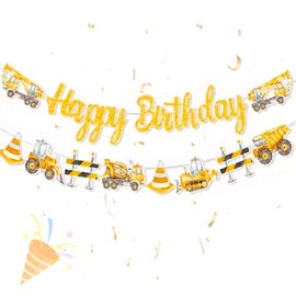 HSC 2Pcs Happy Birthday Banners, Glod Construction Birthday Banner Sign Bunting for Digger Excavator Tractor Theme Boys Birthdays Party Decorations Supplies