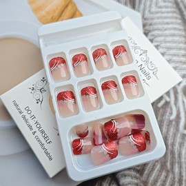 24Pcs Valentine's Day Press on Nails Short Square Nails French Tip Fake Nails with Glitter Designs Valentines Heart False Nails Full Cover Glue on Nails Valentines Day Acrylic Nails for Women Girls