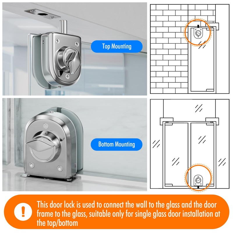 Ranbo Frameless Pull Push Door Floor/Top Bolt Lock, No-Drill, 304