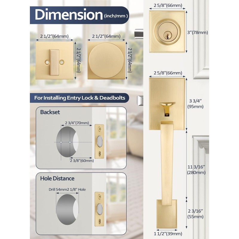 EHOMEWARE Front Door Handle with Deadbolt Set, 1 Pack Keyed