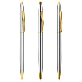 TIESOME Ballpoint Pens, 3 Pack Slim Stainless Steel Metallic Retractable Pens Black Ink 1 mm Nice Gift for Business Office Students Teachers Wedding Christmas (Silver)