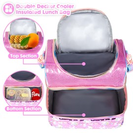 PinkSheep Kids Double Decker Cooler Insulated Lunch Bag Large Tote for Boys Girls Men Women with Adjustable Strap Unicorn