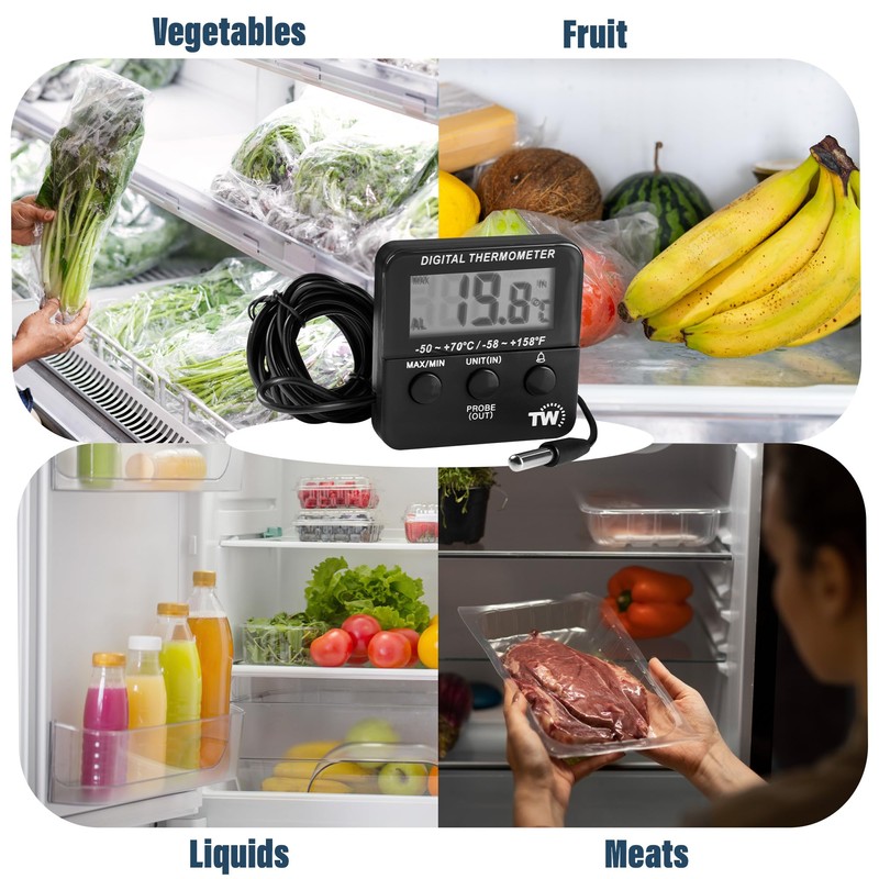 Digital Fridge Thermometer with Alarm Clock and Maximum/Min Temperature Function