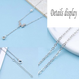 TseenYi CZ Lariat Y Necklace CZ Butterfly Pendant Necklace Silver Drop Y Lariat Necklace Chain Jewellery for Women and Girls, Silver, Pearl