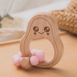 Avocado Teething Ring for Baby Natural Wood Pink - Chew Toy & Teething Aid for Boys & Girls - Baby Toy Teething Ring Gift for Birth - Wooden Toy Sustainable, BPA-Free, Non-Toxic