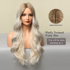 Esmee Light Blonde Wig with Brown Roots for Women Synthetic Heat Resistant Fibre Natural Long Wave Ombre Wigs for Daily Party Cosplay Wear