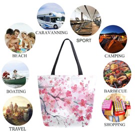 Vivid Pattern Extra Large Shoulder Grocery Tote Bag, Beautiful Spring Pink Cherry Blossom Canvas Daily Handle Bag for Gym Weekender Beach Travel Kitchen Reusable Market Shopping