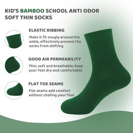 SERISIMPLE Kids Viscose Bamboo School Socks Soft flate Seam Color Anti Odor Thin Breathable Stretch Cuffs Girls Boy 5 Pairs (US, Alpha, Medium, Regular, Forestgreen)