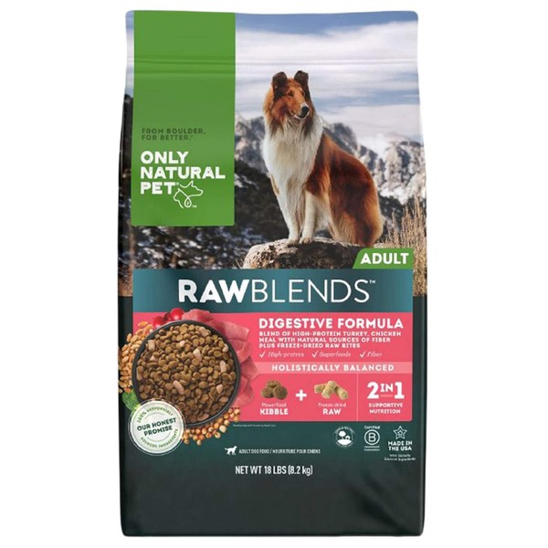 Only Natural Pet Raw Blends - Raw Infused Grain Free Dog Food, High Protein All-Natural Whole, Fresh Ingredients & 100% Raw Meat Bites (Digestion, 18 lb)