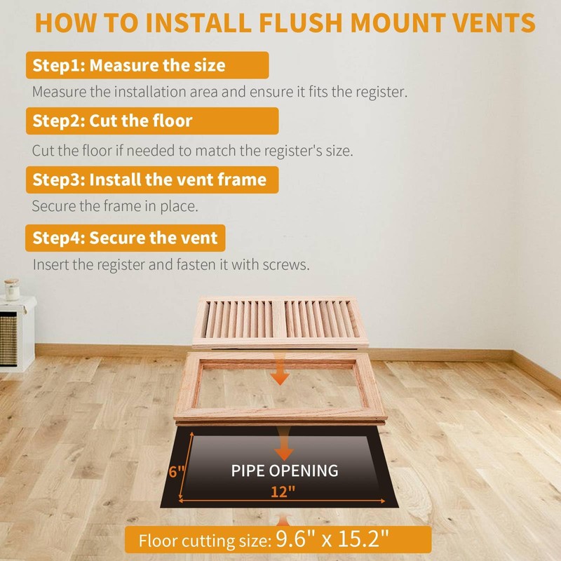 Oak Floor Register for 6x12 Inch Duct Holes - Flush