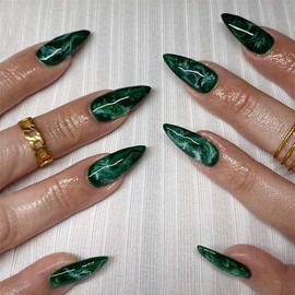 Green Press On Nails Almond Fake Nails Gradient With Marbling Design Medium False Nails Full Cover Acrylic Glue On Nails Glossy Artificial Nails Cute Stick On Nails For Women 24pcs