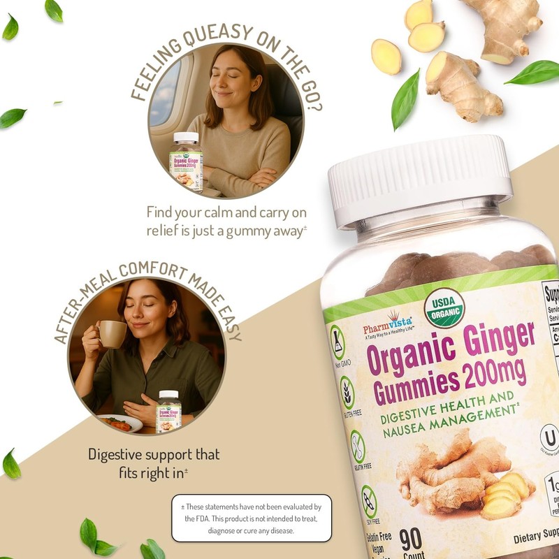 Pharmvista USDA Organic Ginger Gummies 200mg 90 Count for Nausea