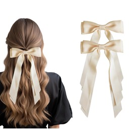 TOPSTUFF 2 PCS Hair Bows for Women,Hair Bows with double hair ribbons for Girls,Hair Ribbons with Metal Clips for Women,Hair Accessories Bow Clip for Teens,Bow Knot Barrettes for Girls,2 Beige