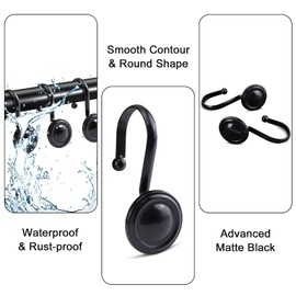 Black Shower Curtain Hooks Rust Proof, Metal Shower Hook Round, Vintage Shower Curtain Rings, Senior Decorative Bathroom Curtain Liner Window Rods Hook, Set of 12