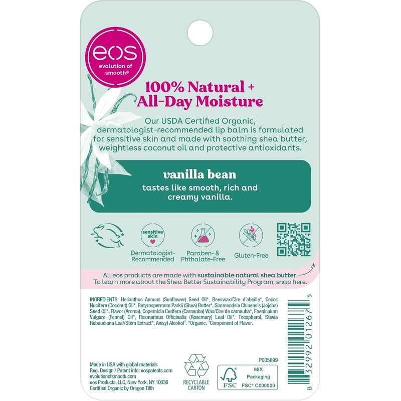 EOS 2 Piece Organic Lip Balm Stick, Vanilla Bean, 0.28