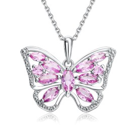 AGRULE Pink Butterfly Necklace for Women 925 Sterling Silver 18 Inch Cable Chain Exquisite Pink Sapphire Pendant Necklaces