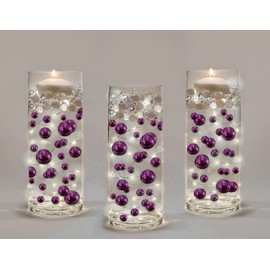 75 Floating Purple Plum Pearls- Large Sizes- Fills 1 Gallon of The Floating Transparent Water Gels for Your Vases- with Pre-Measured Prep Bags- 3 White Fully Submersible Fairy Lights